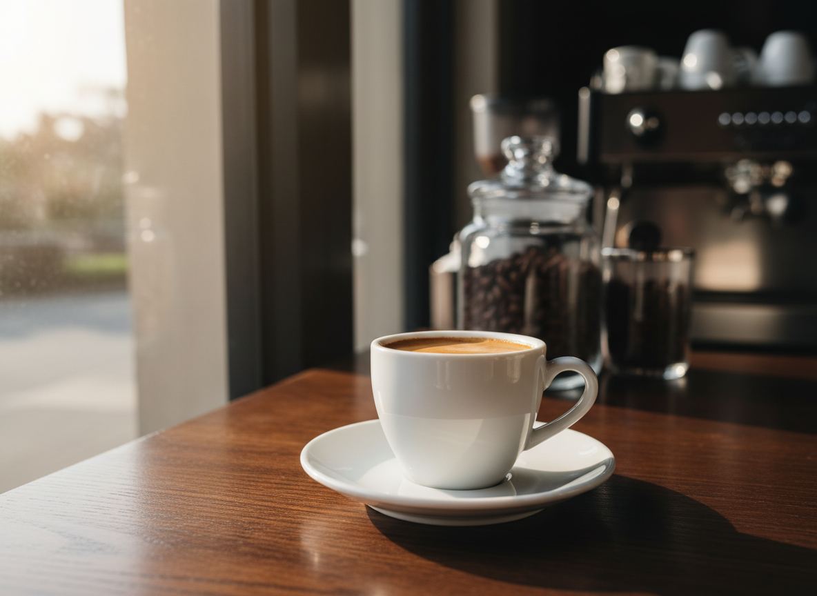 A demitasse of freshly pulled espresso with a dense, hazelnut-colored crema in a pristine white porcelain cup with a subtle gloss finish, resting on a matching saucer. The cup sits on a dark walnut cafe table with a fine wood grain, near the edge of a large window. Soft morning daylight spills in from the left, creating gentle highlights on the cup’s rim and a delicate shadow trailing to the right. In the softly blurred background, an elegant espresso machine and glass jars of beans suggest a refined bar. Photographic realism, eye-level composition with shallow depth of field, creating a calm, sophisticated atmosphere suitable for a premium espresso blog hero image.